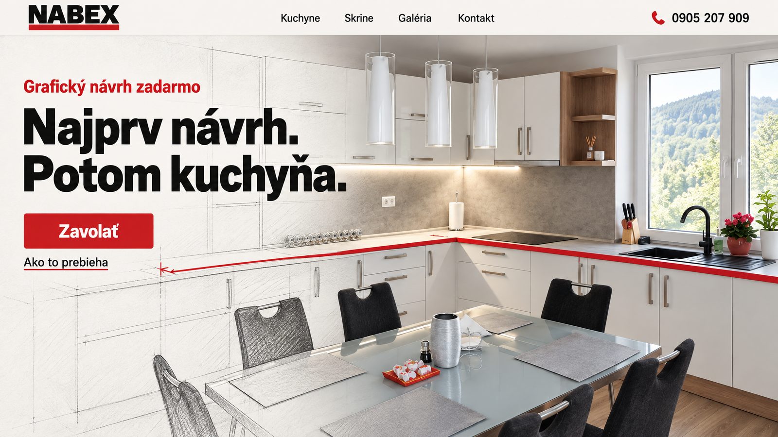 Návrh úvodnej obrazovky webu: vaša biela kuchyňa, vľavo ešte nakreslená ako návrh, a nadpis Najprv návrh. Potom kuchyňa.
