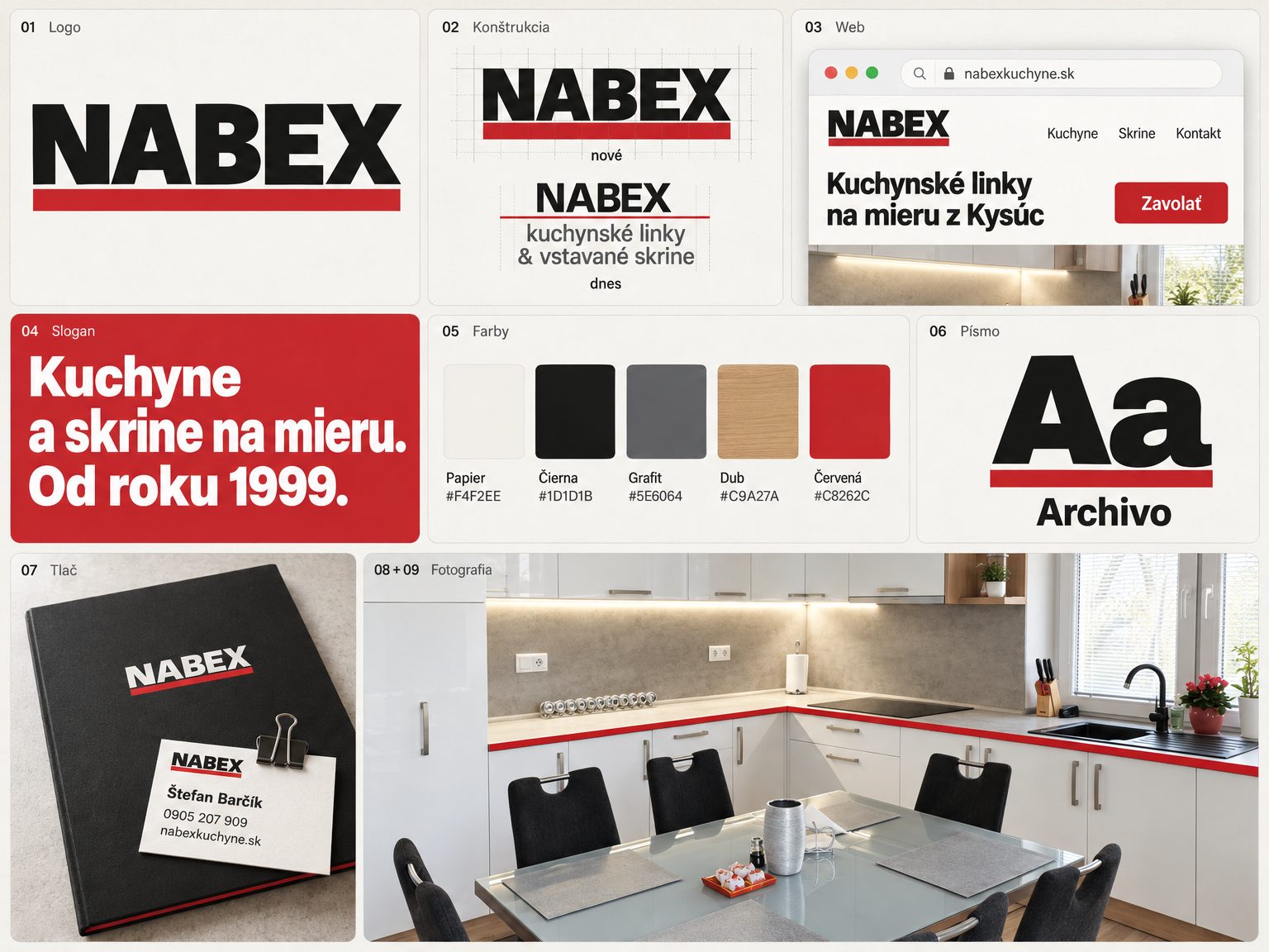 Vizuálna identita s novým logom: farby, písmo, web, zložka s vizitkou a vaša biela kuchyňa
