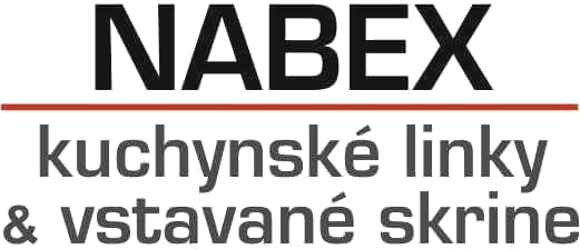 Dnešné logo NABEX: nápis nad červenou čiarou a sivý text kuchynské linky a vstavané skrine